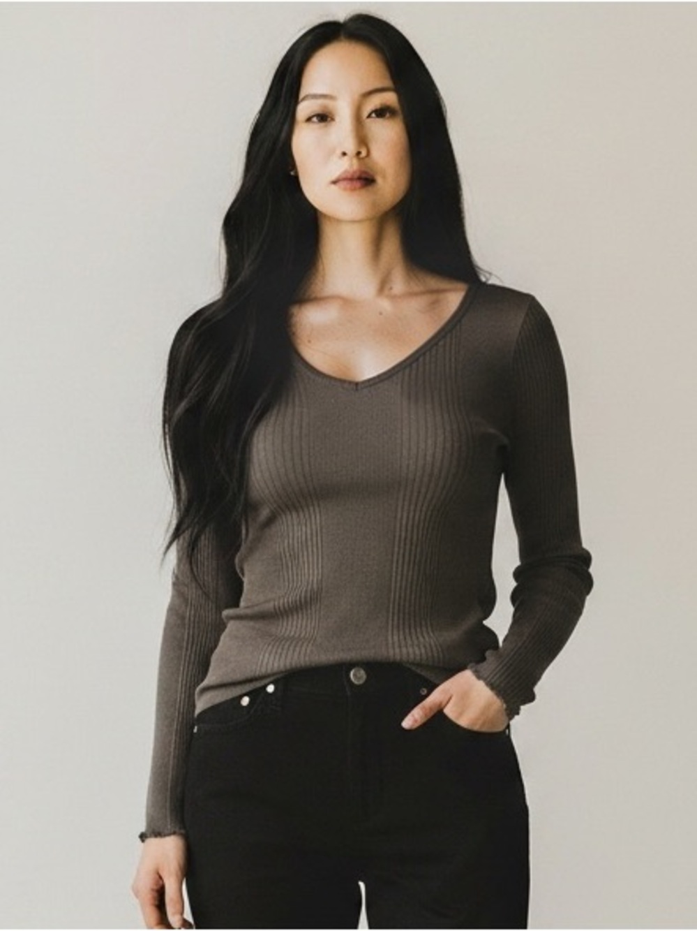 BCBGMaxAzria V-Neck Ribbed Long Sleeve Top